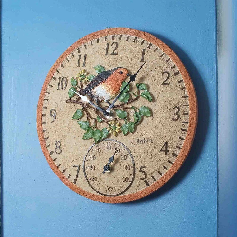 Outside In 12" Robin Wall Clock & Thermometer 4 Outside In 12" Robin Wall Clock & Thermometer - Image 2